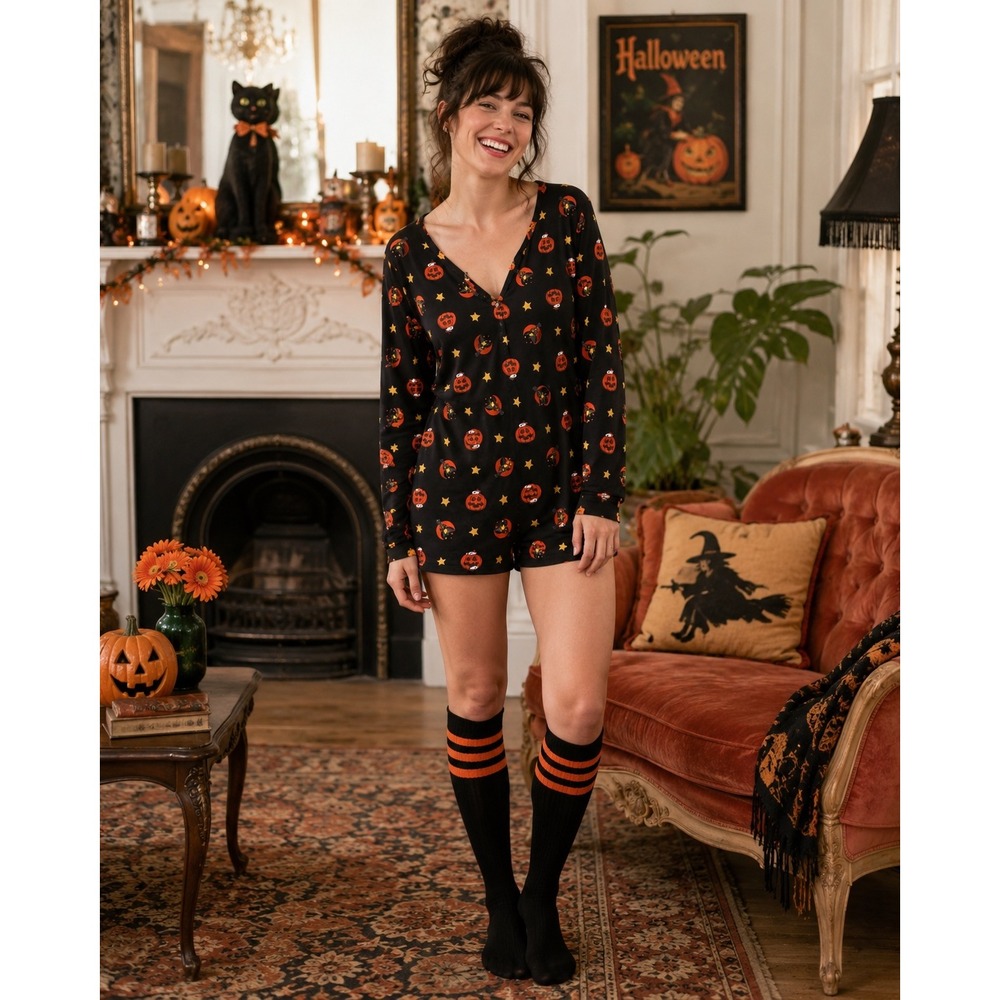 Peanuts Snoopy Great Pumpkin Halloween Henley Romper Black Large Woodstock Soft